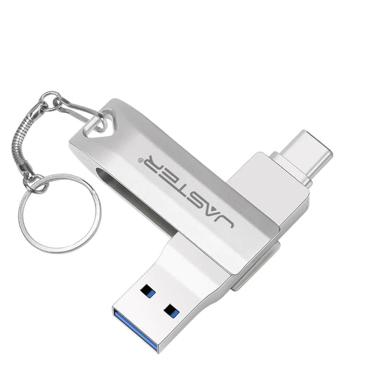 Silver Metal USB Flash Drive 256GB, High Speed Type-C 3.0 Memory Stick, Rotatable U Disk, Waterproof, Antimagnetic, Shatterproof, Key Chain Gift