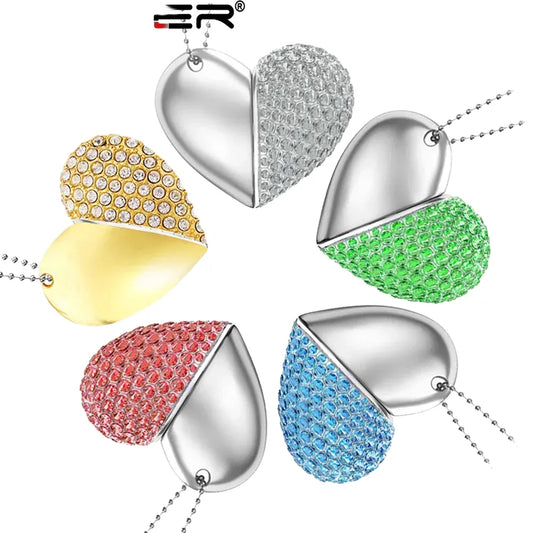 USB 3.0 Heart Necklace Flash Drive 64GB - Stylish Crystal & Metal Memory Stick in Gold, Silver, Blue, Pink, Green - Perfect for Wedding, Creative or Business Gifts