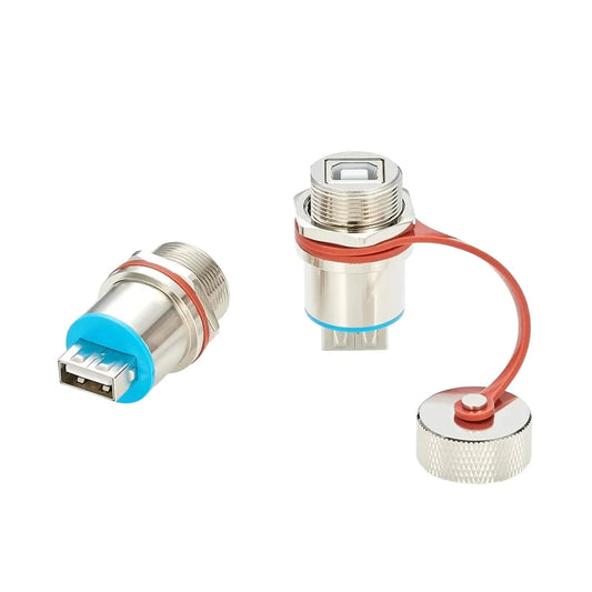 IP67 Waterproof Rugged USB 2.0 B to A Panel Mount Adapter, Female to Male Connector for Outdoor Use, Sealed Chassis Mount USB Coupler for Weatherproof Applications