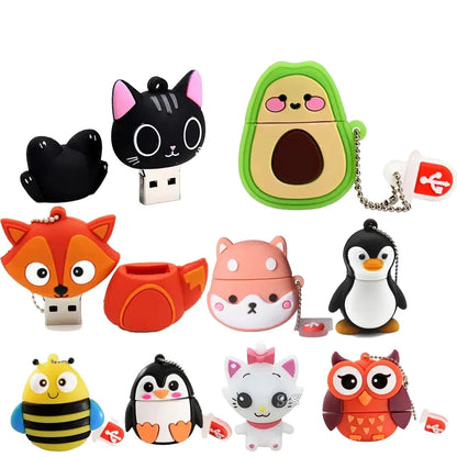 Cartoon Animal USB Flash Drive - 64GB 32GB 16GB 8GB Storage Options, Cute Penguin Cat Owl Designs, Waterproof, Shockproof, USB 2.0 Memory Stick for Kids and Creative Gifts