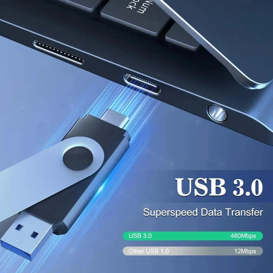 USB 3.0 Dual Interface Flash Drive 128GB with Type-C for High-Speed Data Transfer, Rotating Memory Stick, Shockproof & Waterproof, Available in Multiple Capacities & Colours