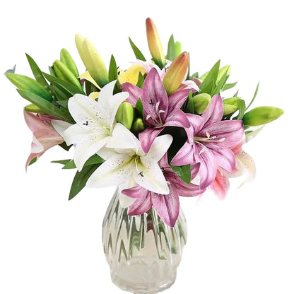 Artificial Lily Flowers 3 Heads, Real Touch Plastic, White Pink Purple, Wedding Home Party Garden Office Indoor Decor, 41CM Long, 15CM Bloom, Floral Arrangement