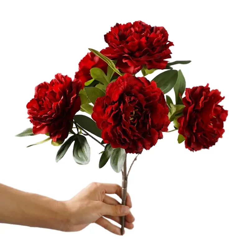 artificial peony bouquet with 5 heads – large red silk flowers for weddings, home decor, parties – elegant indoor flower arrangement for tables & events
