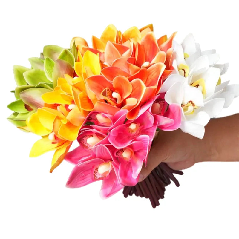 artificial orchid bouquet, 6pcs - real touch cymbidium flowers for home decor, wedding bridal bouquets, table centerpieces, photography props - indoor use, non-woven fabric