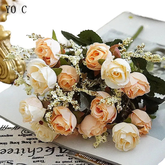 Artificial Silk Rose Flower Bouquet, 15 Heads, Champagne Blue, Handmade Fabric, Perfect for Weddings, Parties, Anniversaries, Birthdays, Bridal Showers, Indoor Home Décor