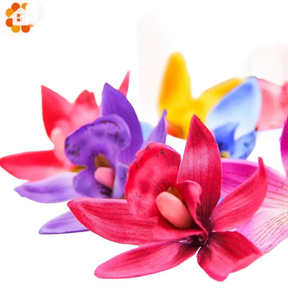 artificial orchid flower heads 7.5cm, silk decoration for home wedding, diy craft, 10/20/30pcs assorted colours, gift scrapbooking decorative floral design