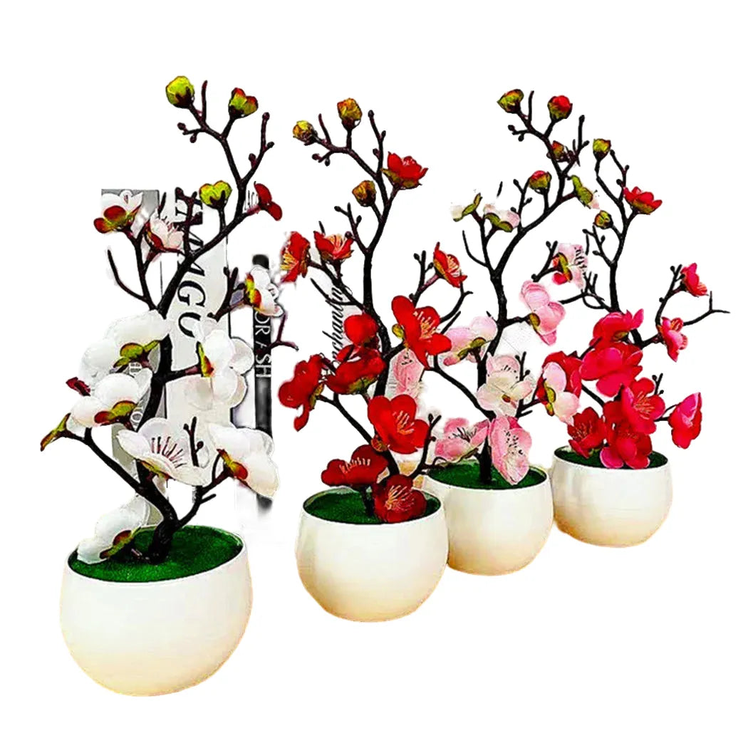 artificial plum blossom bonsai plant with pot | indoor decorative silk flower arrangement for home, office, celebrations, parties, weddings | plastic material