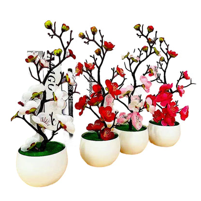Artificial Plum Blossom Bonsai Plant with Pot | Indoor Decorative Silk Flower Arrangement for Home, Office, Celebrations, Parties, Weddings | Plastic Material
