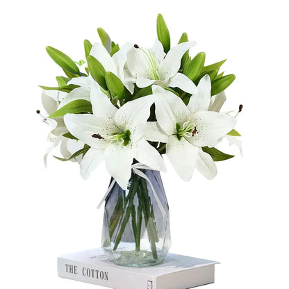 5Pcs 38cm Real Touch White Lily Artificial Flowers, Decorative Bouquet for Weddings, Birthdays, Home, Garden, Party, PVC Material, Indoor Use