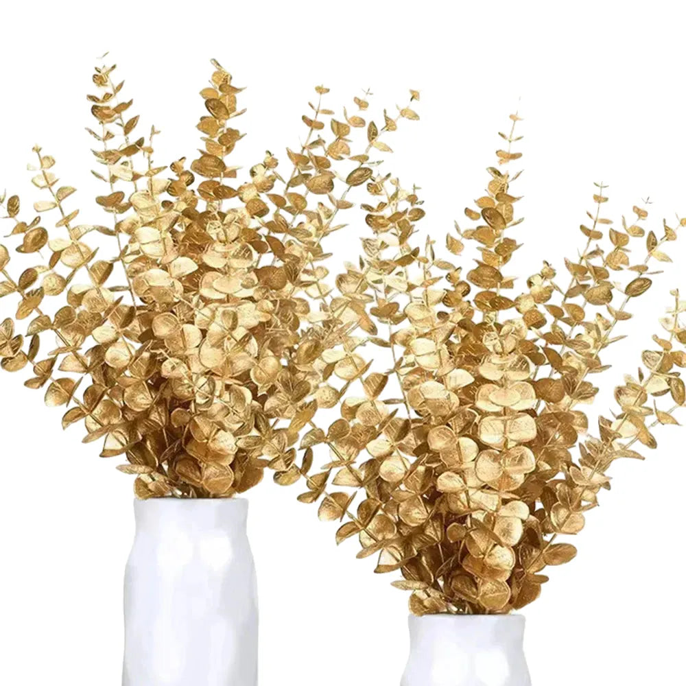 artificial eucalyptus stems gold leaf 10/20pcs | faux flowers for home décor, weddings, parties | indoor floral arrangements, bouquets, centrepieces, gift-ready decoration