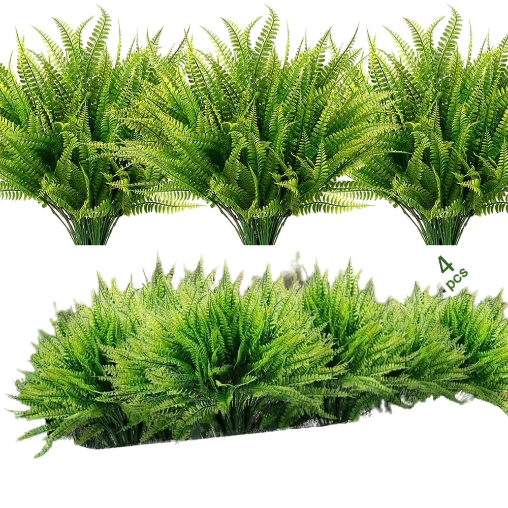 4 pack uv resistant artificial boston ferns | plastic faux shrubs for outdoor & indoor décor | greenery for home, garden, yard, office, desktop display or exhibition