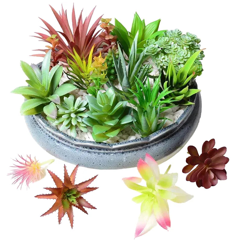 12pcs pvc artificial succulents set - flocking fake green plants for home, office, desktop bonsai decor, miniature potted flowers, fairy garden accessories