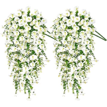 75cm White Crochet Artificial Morning Glory Flowers Wall Hanging Vine, Faux Violet Plant for Home, Garden, Wedding and Outdoor Decoration (2pcs)