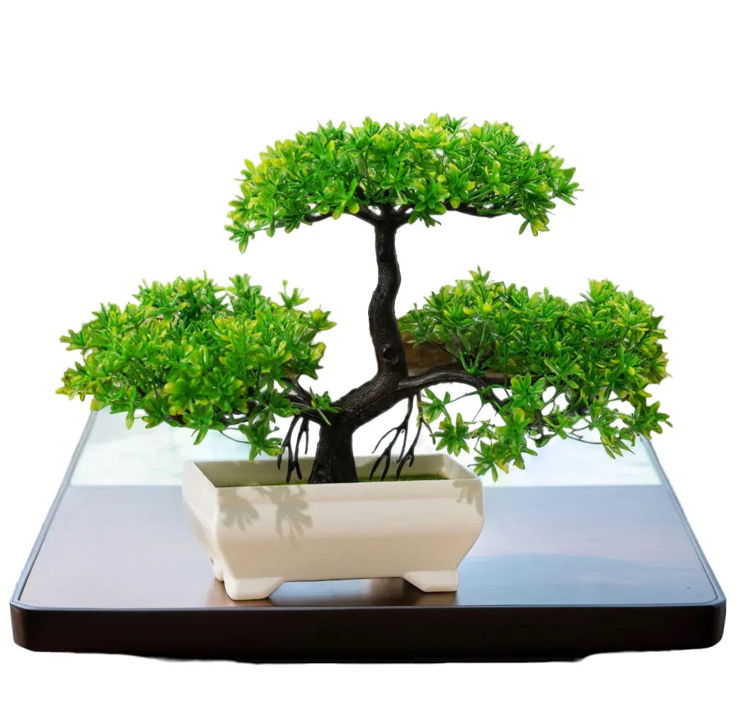 artificial bonsai tree with pot, small fake plant for table decor, plastic potted ornament for home office hotel garden decoration, outdoor use