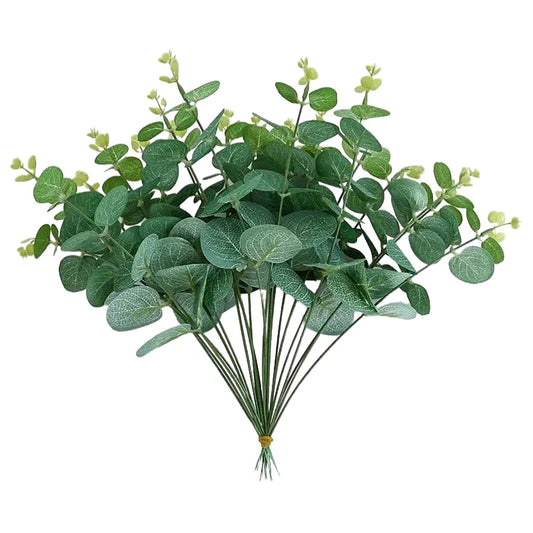 10-Pack Artificial Eucalyptus Leaves Bunch for Weddings, Cake Décor, Crafting, Home & Office Decoration – Realistic Faux Greenery Stems for Indoor & Outdoor Use