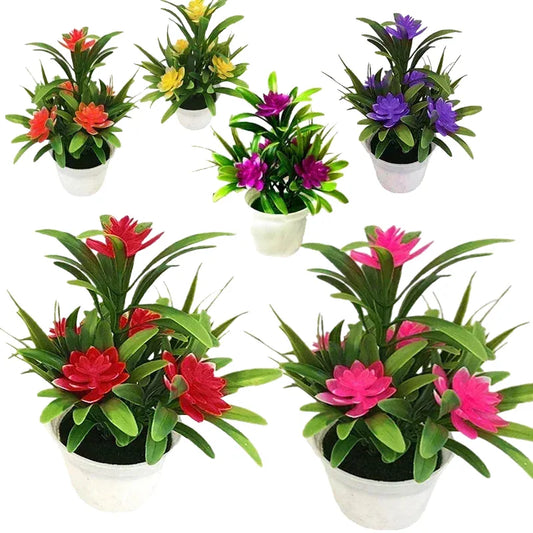 Vibrant Artificial Bonsai with Multicolour Flowers | Plastic Decor for Home, Office, Garden Display | Red, Purple, Pink, Orange, Yellow | 13x18cm Table Ornament