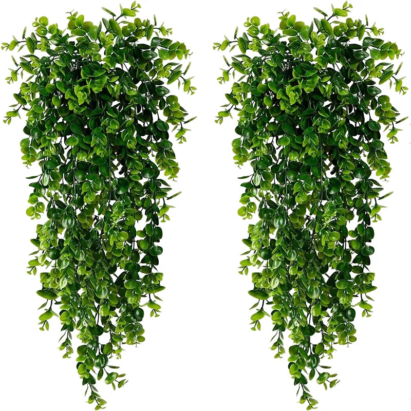 artificial hanging eucalyptus vines, uv resistant faux greenery for outdoor wedding decor, plastic leaf garland for bridal showers and exhibitions