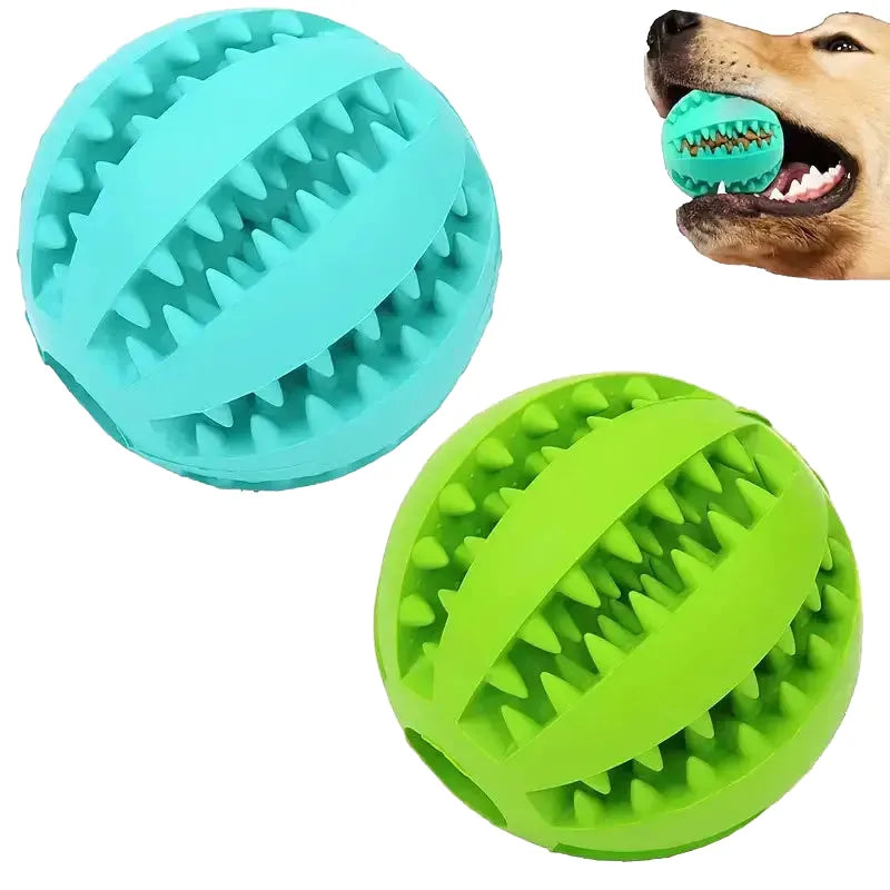interactive rubber dog ball toy, bite-resistant, food-dispensing, durable, cleans teeth, encourages play, boosts dental health, ideal for active dogs, fetch indoor outdoor