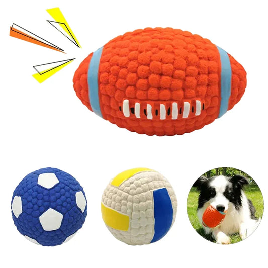 Squeaky Rubber Dog Toy Ball for Small to Large Pets - Interactive Rugby Volleyball Design, Durable Chew & Fetch Toy for Puppies & Cats, Indoor & Outdoor Fun