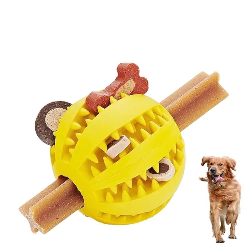 interactive rubber dog toy ball with treat dispenser, teeth cleaning, bouncy design, fetch & solo play, bite resistant, dental health support, durable pet entertainment