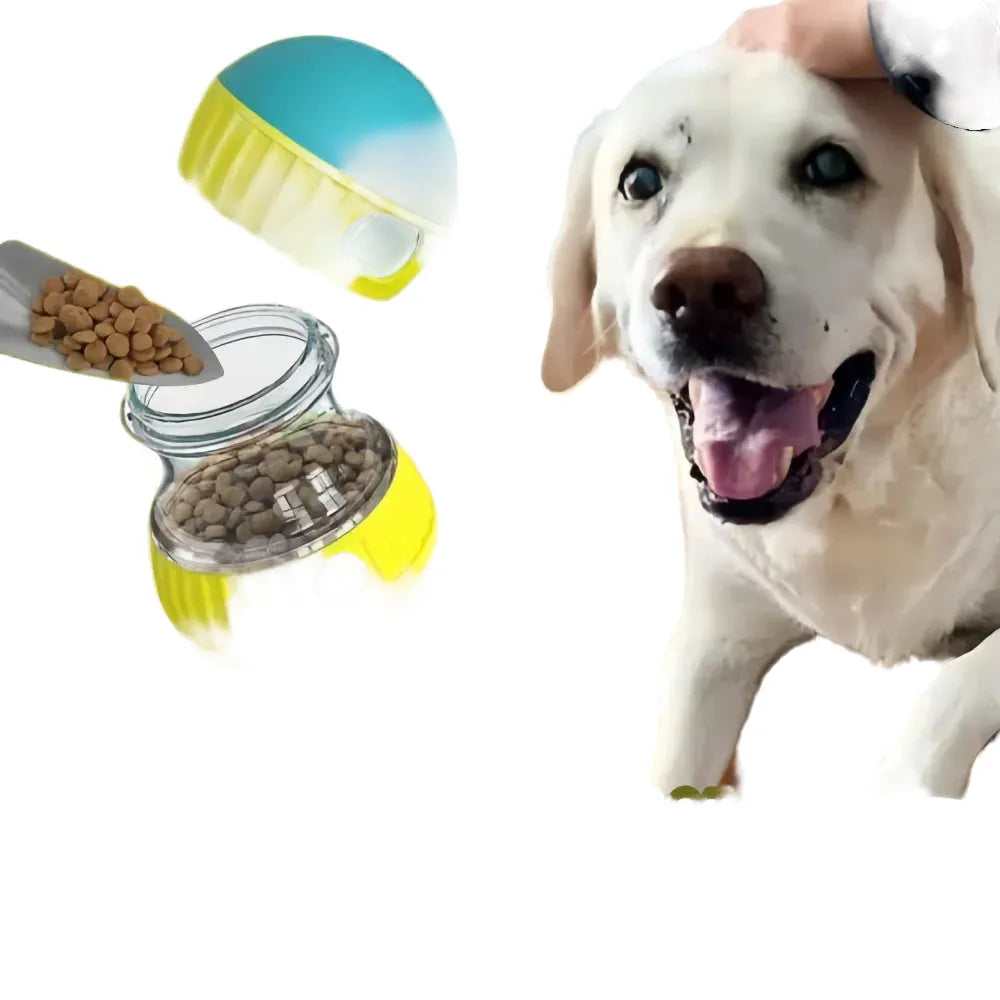 interactive treat dispensing pet toy ball for dogs and cats, slow feeder, durable design, turquoise and red, enhances mental stimulation, ideal for training, suitable for all pets