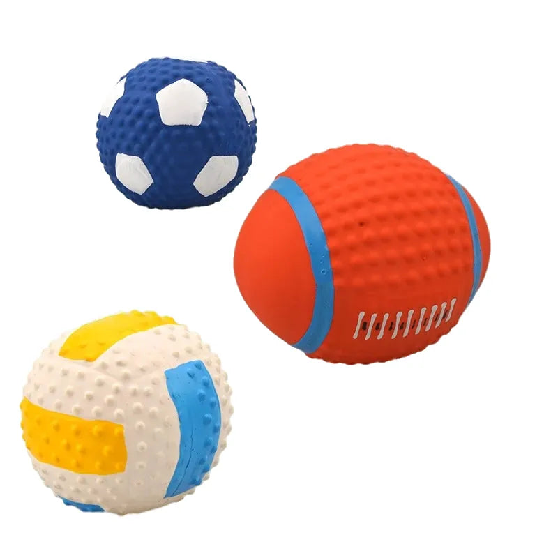 interactive squeaky dog toys rubber latex balls for small to large dogs, rugby football volleyball design, pet chew ball, stimulating sounding play