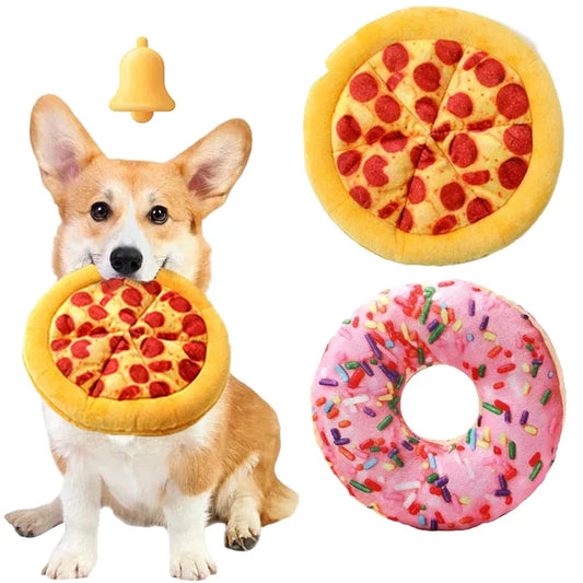 Plush Dog Chew Toy Set, Doughnut & Pizza Shapes, Squeaker Fleece for Small Large Dogs, Teeth Cleaning, Durable Fun, Non-Electric Pet Playtime