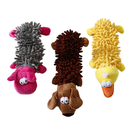 Plush Fleece Squeaky Chew Toy for Small Medium Dogs, Soft Durable Animal Design, Interactive Pet Playtime Essential, Yellow Brown Pink Grey Green, Enrich Bonding and Fun