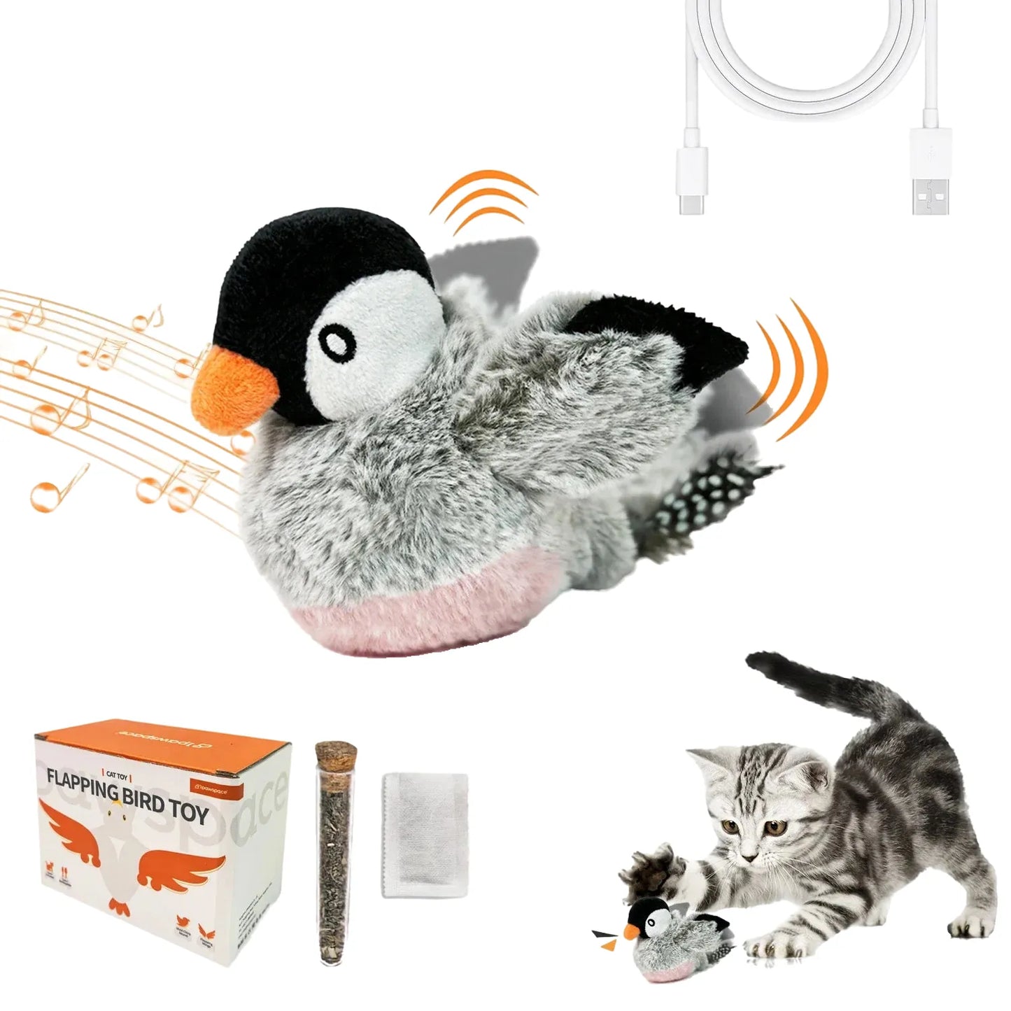 interactive cat toy with rechargeable battery, feather and chirping features, touch activated, durable play, engaging for kittens and adults, pet entertainment accessory