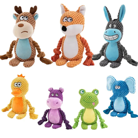 Plush Dog Chew Toy with Squeaker - Durable Fleece for Puppies & Dogs, Bite-Resistant Animal Shapes, Interactive Play, Supports Dental Health, Fun Elephant, Fox, Elk, Donkey, Frog