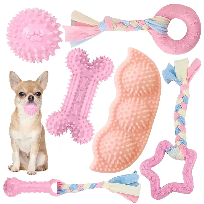 pet-approved interactive dog toy set - pink rubber bone, fun ball & donut - non-toxic for small/medium dogs - enhances teeth cleaning, promotes active play & oral health