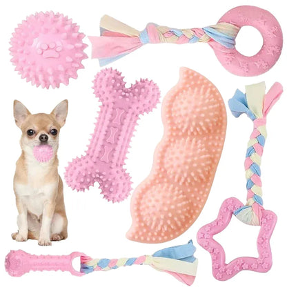 Pet-Approved Interactive Dog Toy Set - Pink Rubber Bone, Fun Ball & Donut - Non-Toxic for Small/Medium Dogs - Enhances Teeth Cleaning, Promotes Active Play & Oral Health