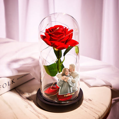 Custom Photo Text Led Night Light Glass Cover Eternal Red Rose Flower Home Desktop Decoration Gift for Valentine's Day and Birthdays