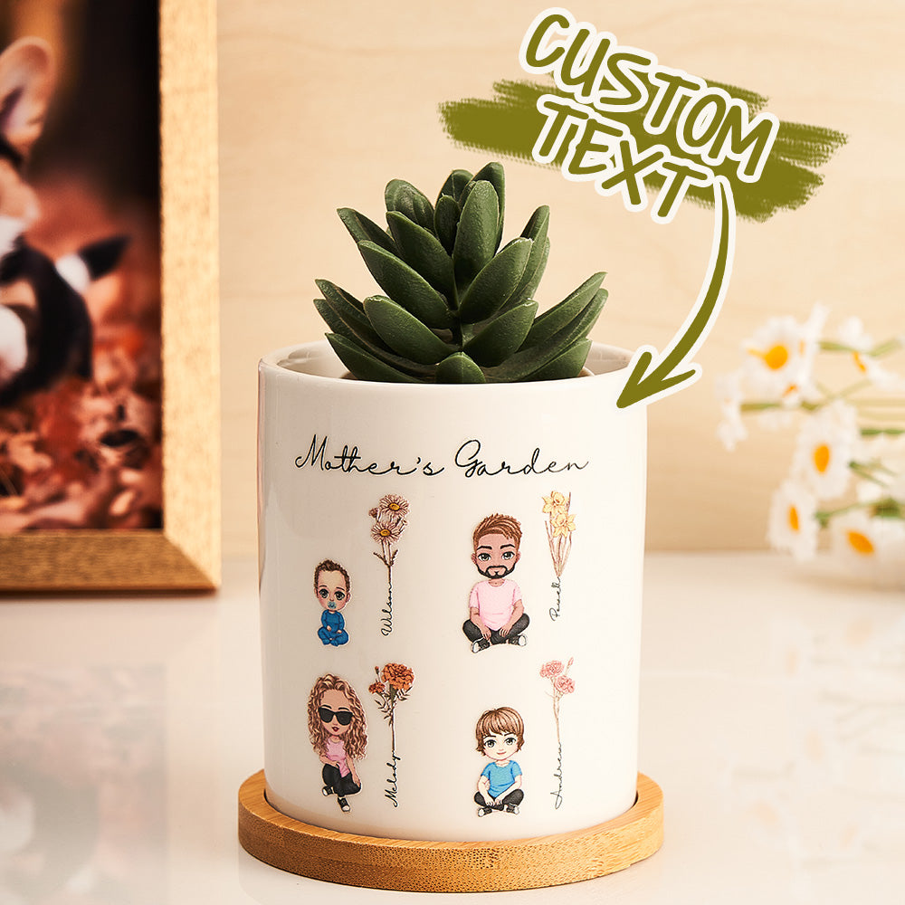 personalized cartoon figure birth flower ceramic plant pot gift for grandma and mum