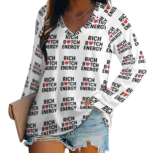 Women's Long Sleeve Loose V-Neck Tee, Soft Polyester Spandex Blend, Comfortable and Fashionable Top, Gift for Her, Casual Wear for Daily Life and Office