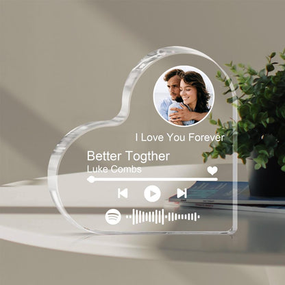 Personalized Clear Thick Acrylic Block Spotify Code Music Photo Heart-Shaped Frame Gift for Loved Ones, Ideal Keepsake for Birthdays and Anniversaries