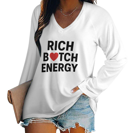 Women's Long Sleeve Loose V-Neck T-Shirt, Soft Stretchy Polyester and Spandex, Casual Chic Tee for Daily Wear, Comfortable & Fashionable Top, Great Gift for Friends and Family