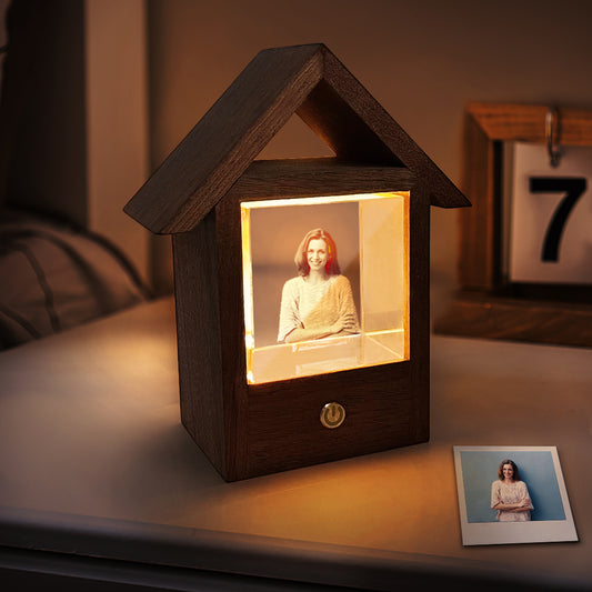 Custom 3D Crystal Photo Lamp Wooden House Night Light - Unique Touch Switch Design, Perfect Gift for Home Decor and Personalised Memories