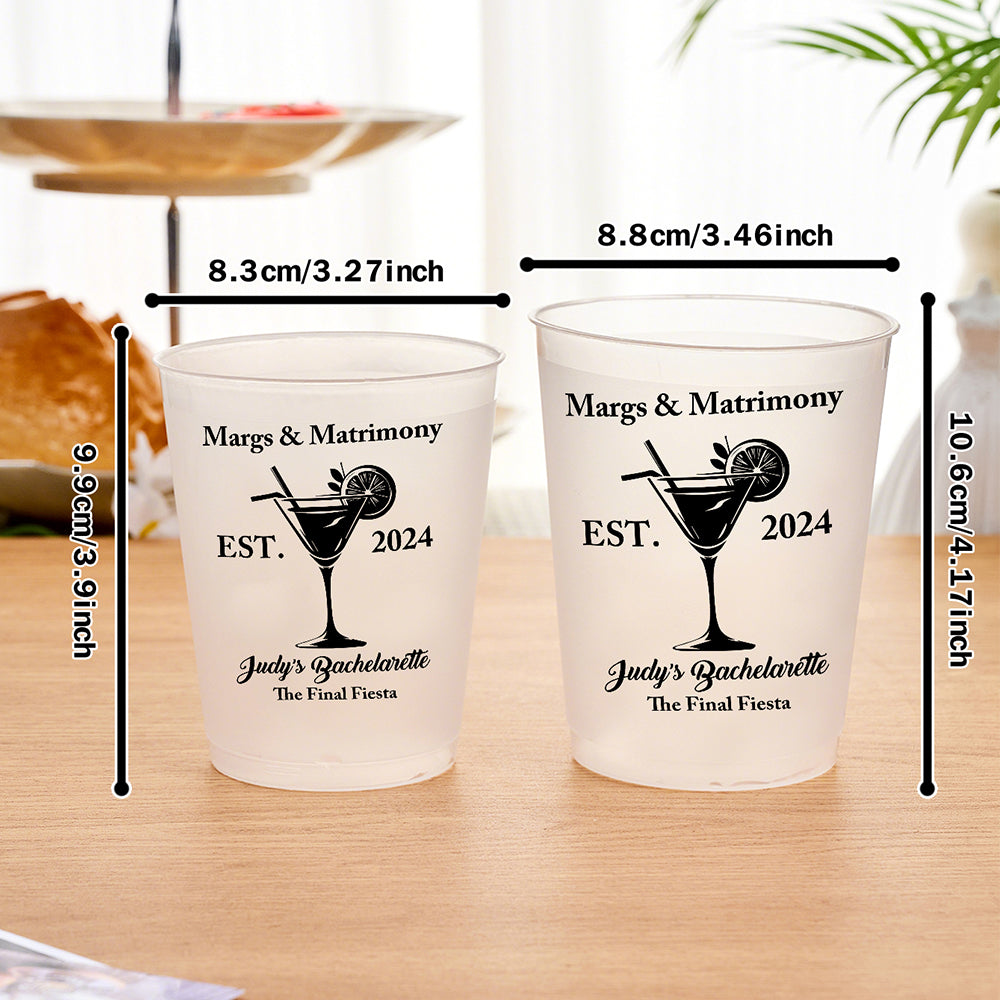 personalized margs & matrimony disposable plastic cups for bachelorette party supplies gift - 12oz and 16oz options
