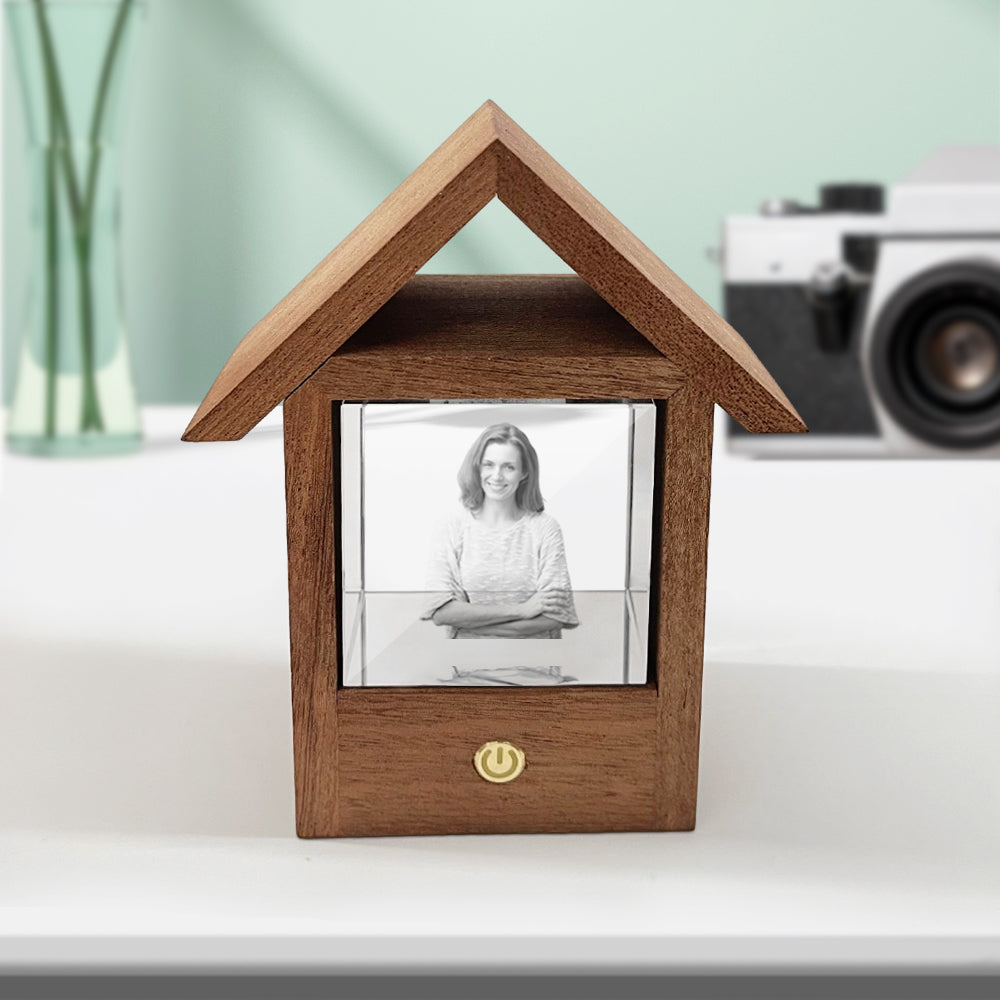 custom 3d crystal photo lamp wooden house night light - unique touch switch design, perfect gift for home decor and personalised memories