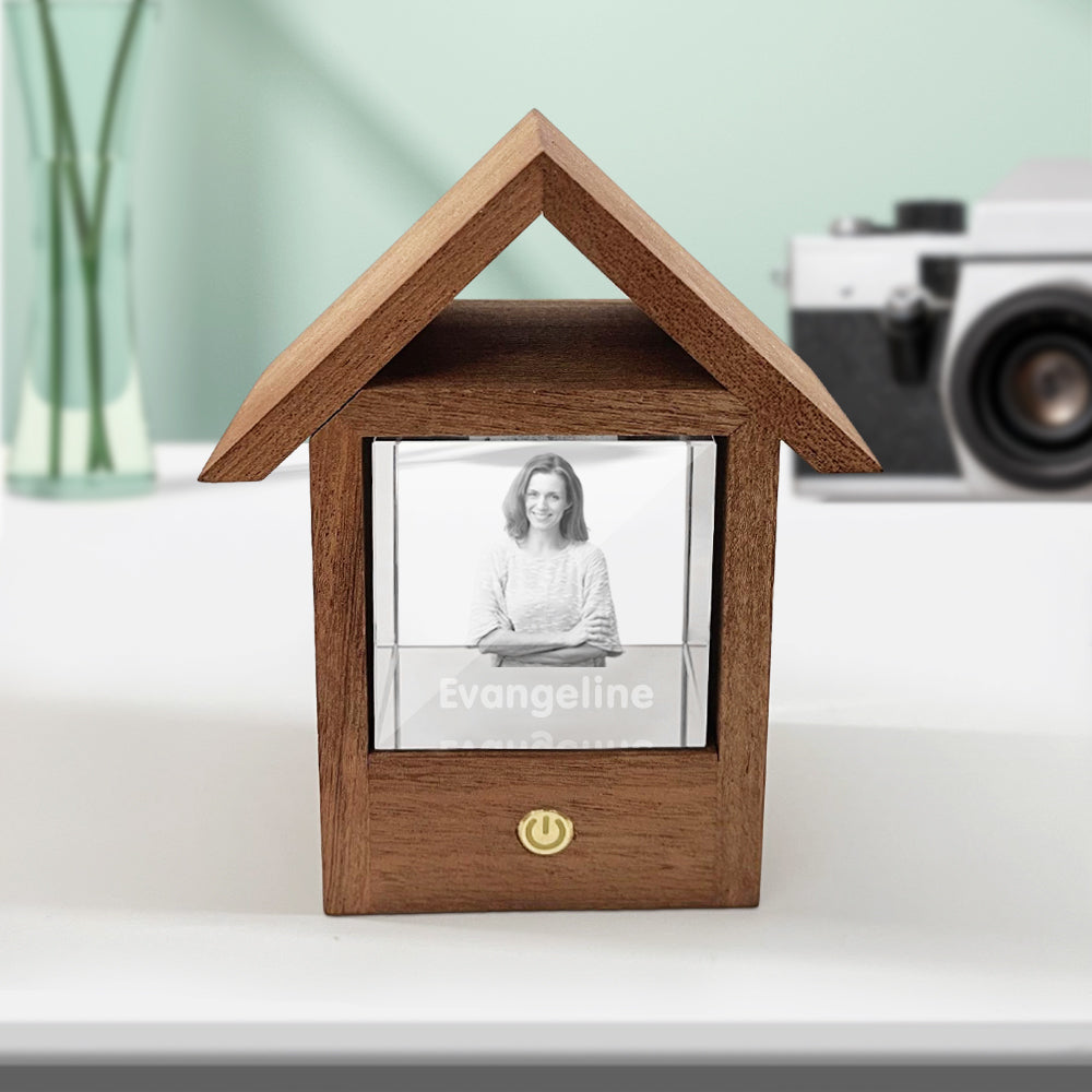 custom 3d crystal photo lamp wooden house night light - unique touch switch design, perfect gift for home decor and personalised memories