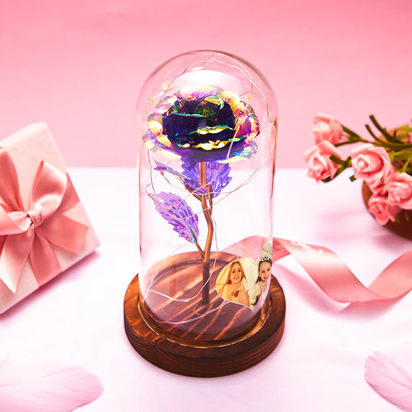 custom heart-shaped photo colourful simulation eternal rose flower led night light in glass dome - romantic gift for home decor, valentine's day, mother's day