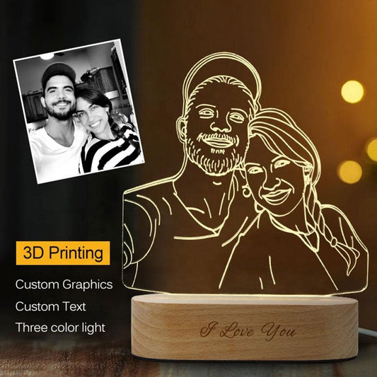 Custom Any Shape 3D Acrylic Lamp Picture Night Light With Engraved Wooden Base - Unique Night Light Gift for Home Decor and Desk