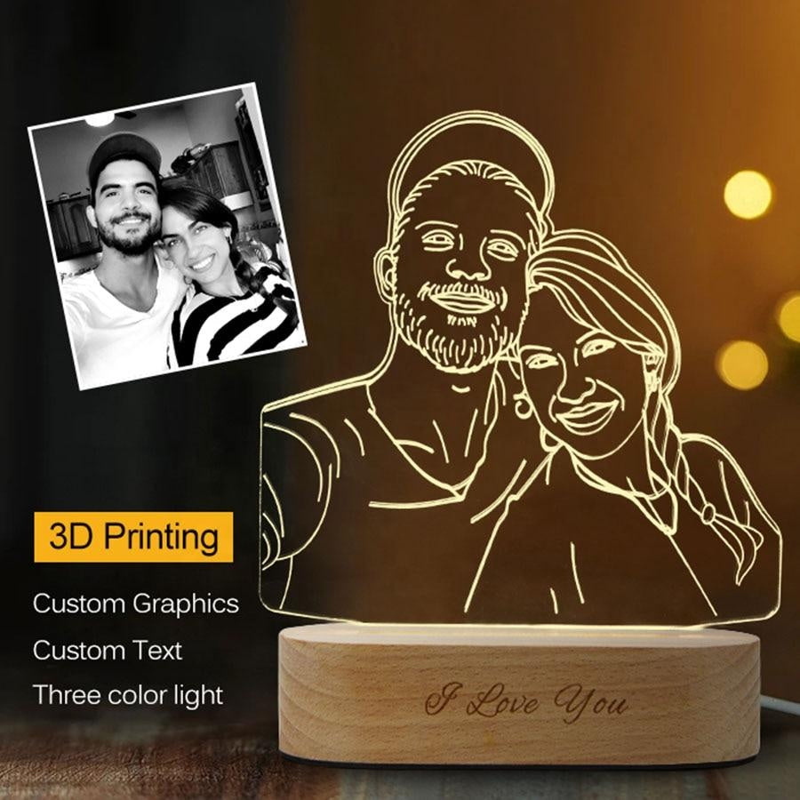 custom any shape 3d acrylic lamp picture night light with engraved wooden base - unique night light gift for home decor and desk