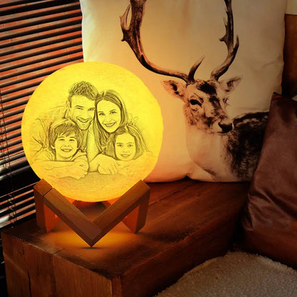 Custom 3D Printed Photo Lunar Light Moon Lamp - Christmas Gift for Family, Adjustable LED with Wooden Base, Unique Personalised Home Decor for Kids and Adults