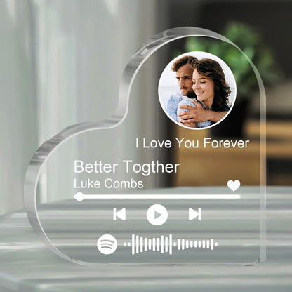 Personalized Clear Thick Acrylic Block Spotify Code Music Photo Heart-Shaped Frame Gift for Loved Ones, Ideal Keepsake for Birthdays and Anniversaries