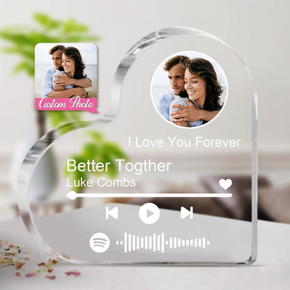 Personalized Clear Thick Acrylic Block Spotify Code Music Photo Heart-Shaped Frame Gift for Loved Ones, Ideal Keepsake for Birthdays and Anniversaries