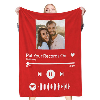 Scannable Music Code Photo Engraved Black Blanket Gift for Couple - Soft Fleece, Machine Washable, Long-lasting Print, Ideal for Music Lovers