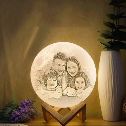 Custom 3D Printed Photo Lunar Light Moon Lamp - Christmas Gift for Family, Adjustable LED with Wooden Base, Unique Personalised Home Decor for Kids and Adults
