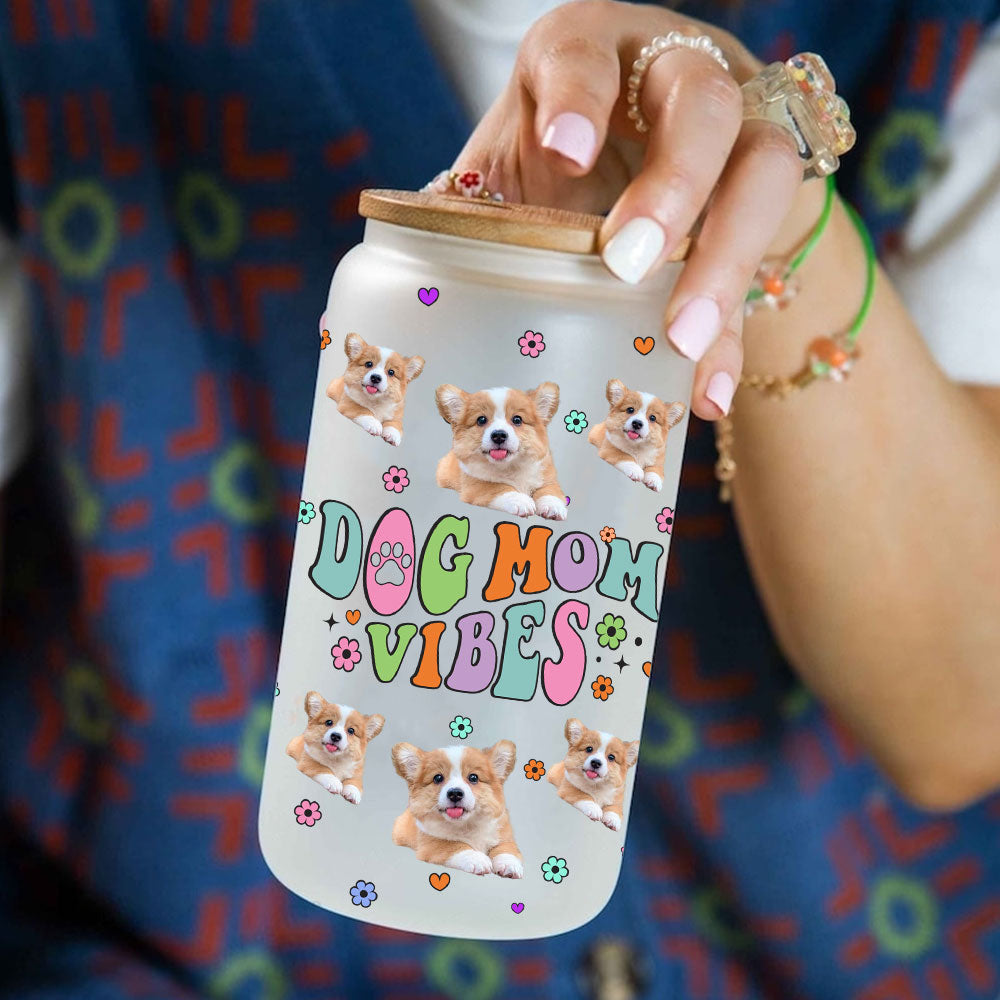 dog mom vibes - cutie puppy personalized frosted glass bottle with bamboo lid - gift for pet lovers
